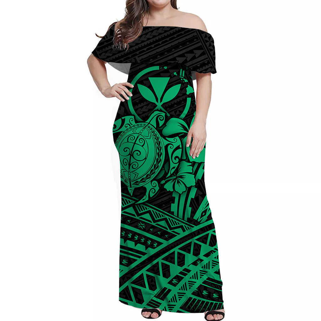 Hawaii Turtle With Hibiscus Tribal Off Shoulder Dress Green