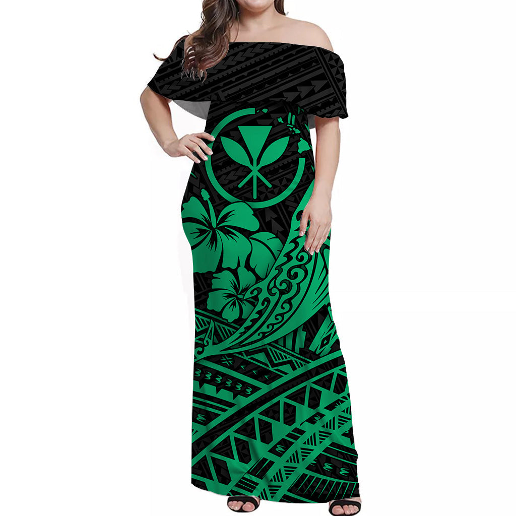 Hawaii Humpback Whale With Hibiscus Tribal Off Shoulder Dress Green