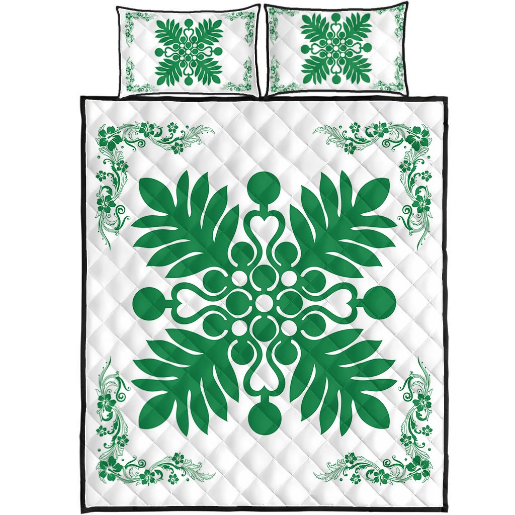Hawaiian Quilt Maui Plant And Hibiscus Pattern Quilt Bed Set Green White AH
