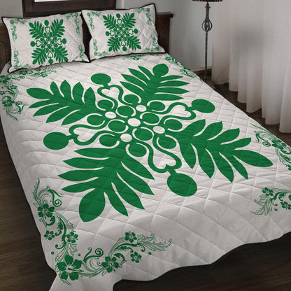 Hawaiian Quilt Maui Plant And Hibiscus Pattern Quilt Bed Set Green White AH
