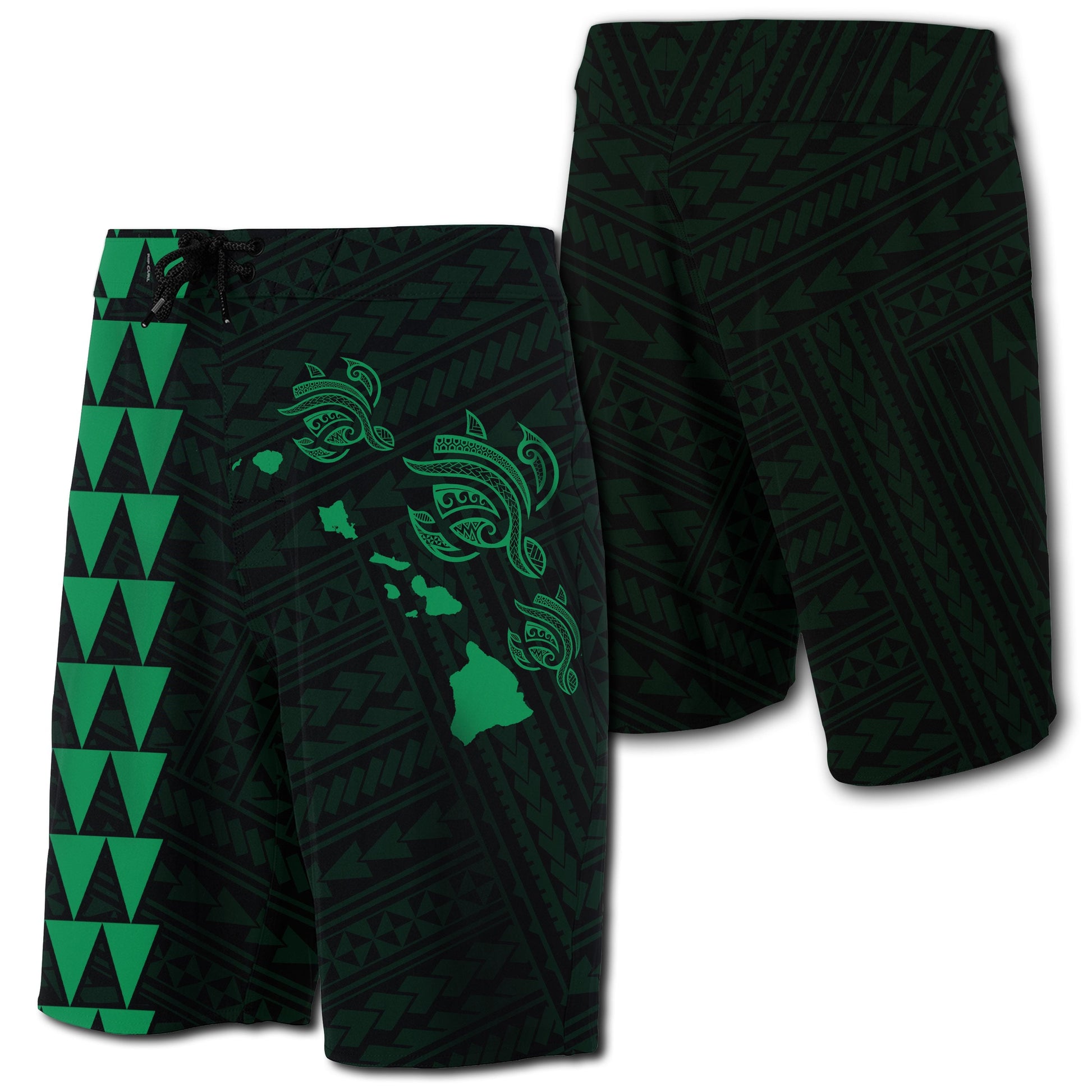 Hawaii Kakau Polynesian Three Turtles Map Board Shorts - Green