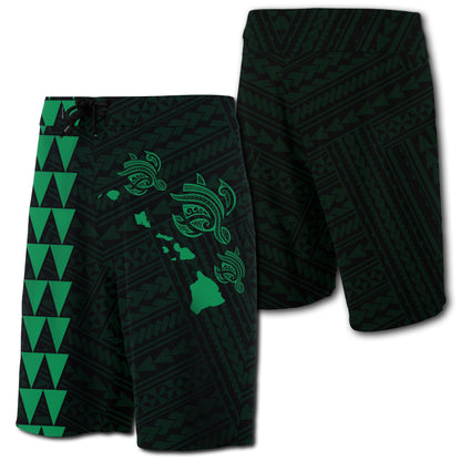 Hawaii Kakau Polynesian Three Turtles Map Board Shorts - Green
