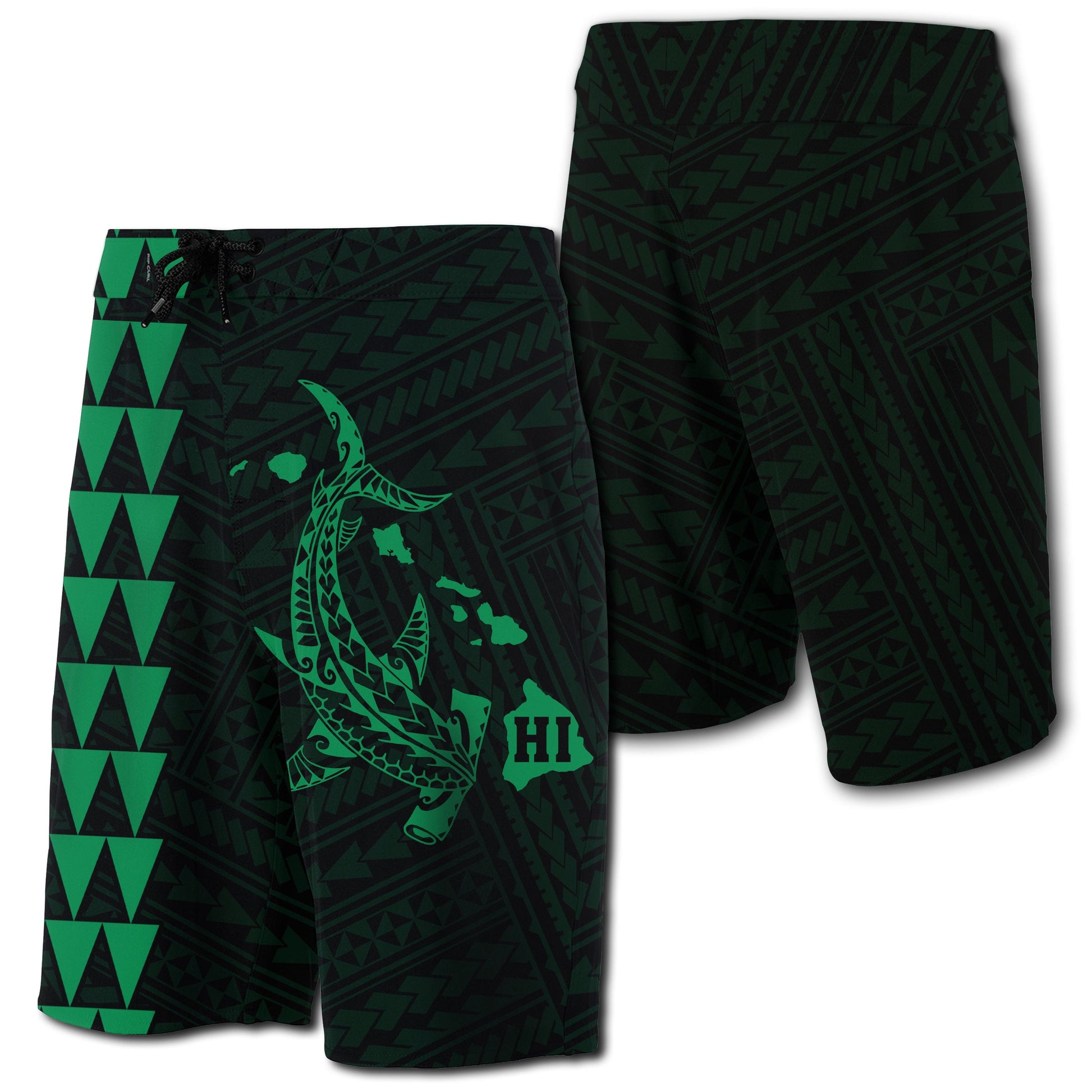 Hawaii Kakau Polynesian Hammerhead Shark Board Shorts - Green