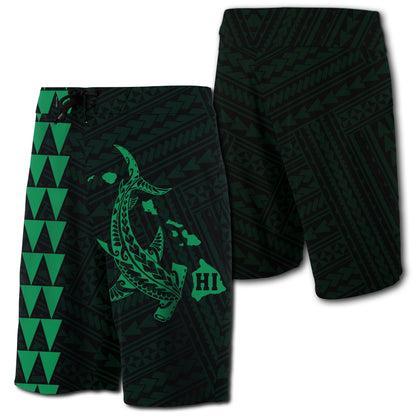 Hawaii Kakau Polynesian Hammerhead Shark Board Shorts - Green