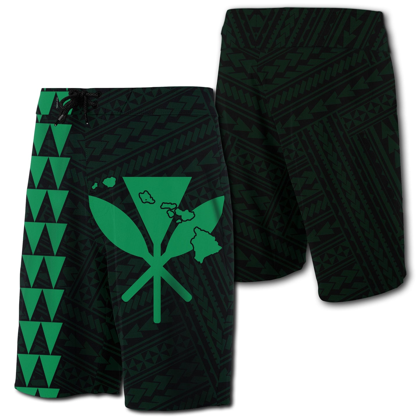 Hawaii Kakau Polynesian Kanaka Map Board Shorts - Green