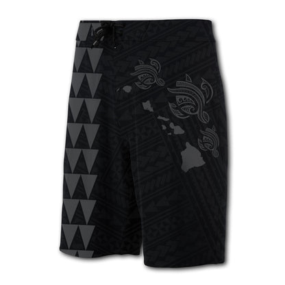 Hawaii Kakau Polynesian Three Turtles Map Board Shorts - Grey