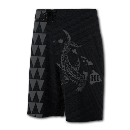 Hawaii Kakau Polynesian Hammerhead Shark Map Board Shorts - Grey