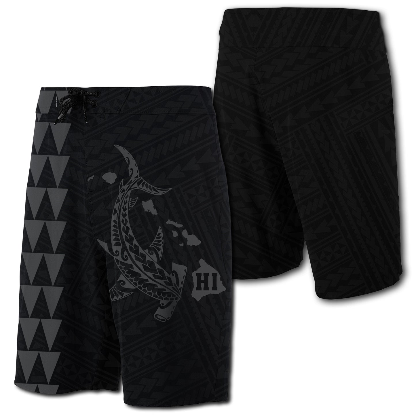 Hawaii Kakau Polynesian Hammerhead Shark Map Board Shorts - Grey