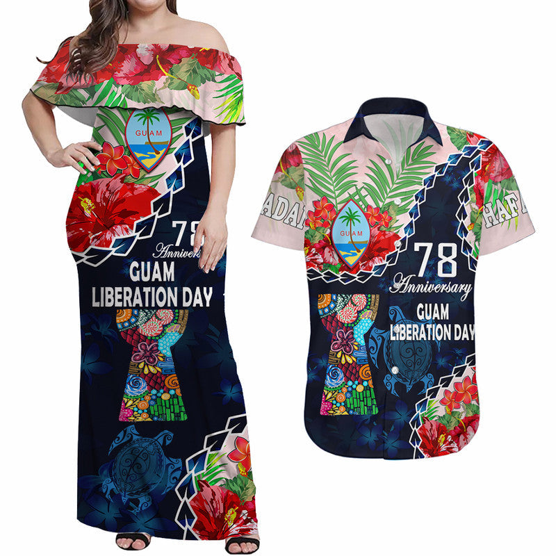 Matching Clothes For Couples Guam Liberation Day Combo Dress and Hawaiian Shirt Latte Stone Hibiscus Painting