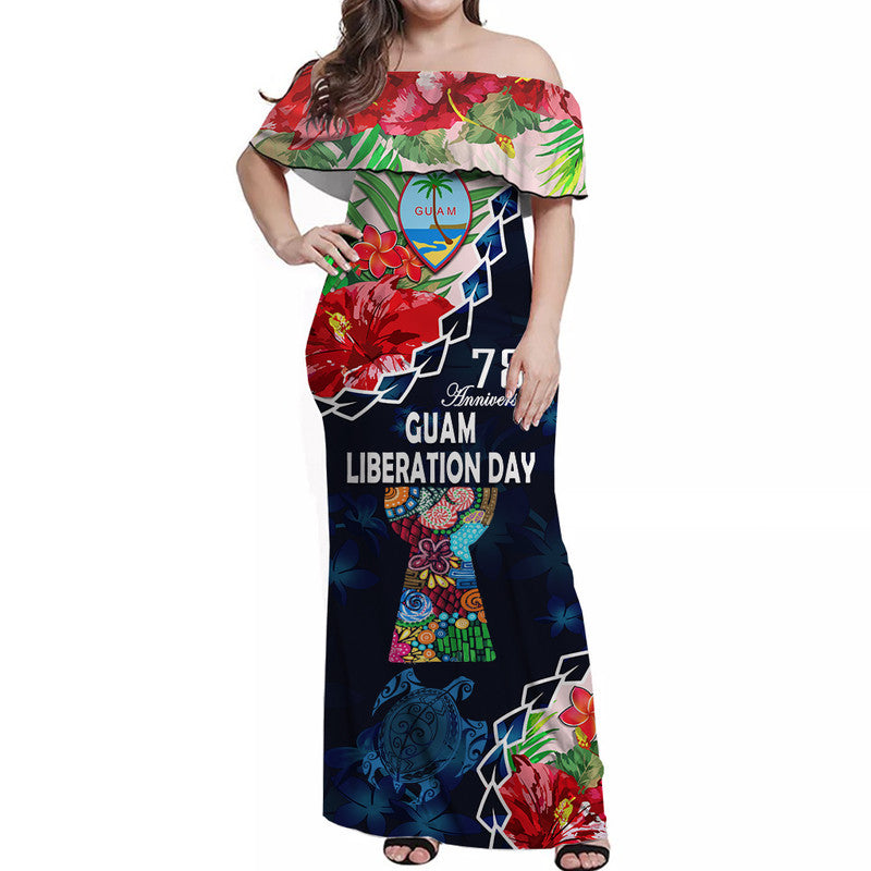 Guam Liberation Day Women Off Shoulder Long Dress Latte Stone Hibiscus Painting