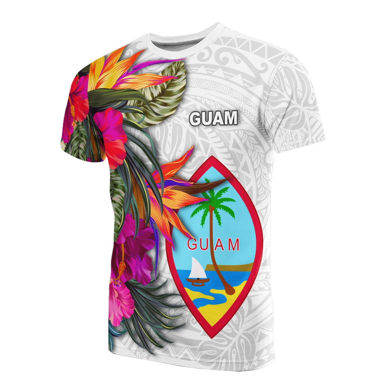 Guam T Shirt Polynesian Hibiscus White Pattern