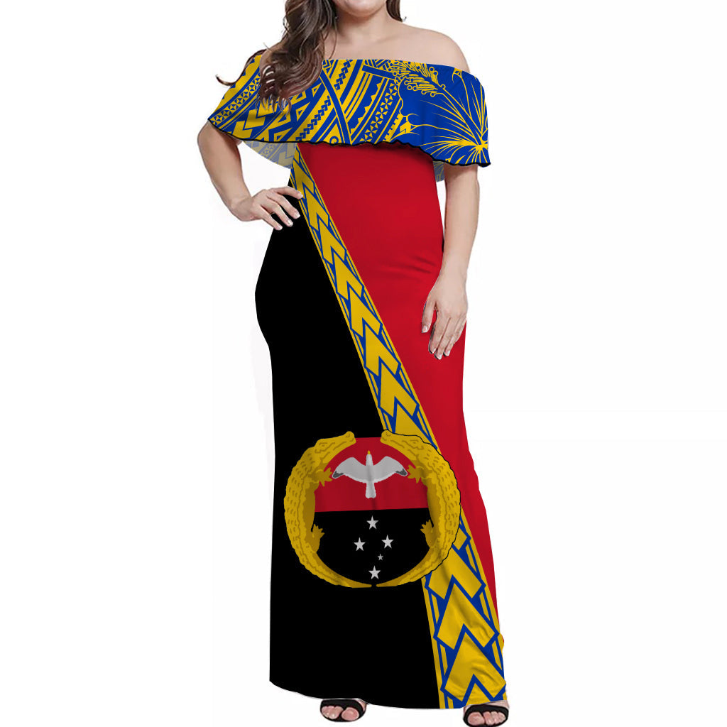 PNG Hibiscus Tribal Pattern Off Shoulder Long Dress Gulf Province