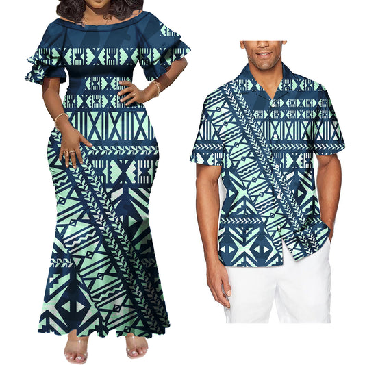 Polynesian Tribal Geometric Pattern Couple Matching Outfit Tropical Fishtail Skirt Dress And Shirt