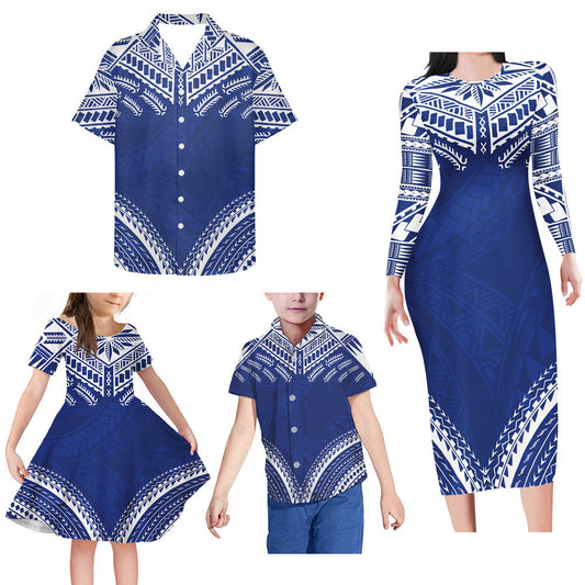 Blue Polynesian Tribal Pattern Matching Family Outfits Bodycon Long Sleeve Dress And Shirt Family Members