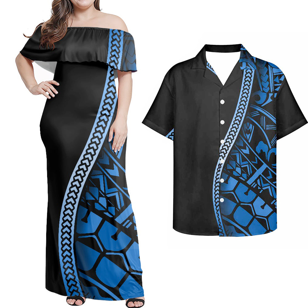 Polynesian Tribal Pattern Curve Style Blue Combo Dress and Hawaiian Shirt Matching Couples Outfit For Him Her