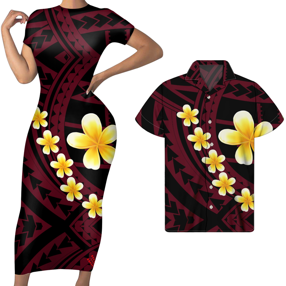 Polynesian Hawaii Matching Outfit For Couples Plumeria Polynesian Tribal Pattern Bodycon Dress And Hawaii Shirt