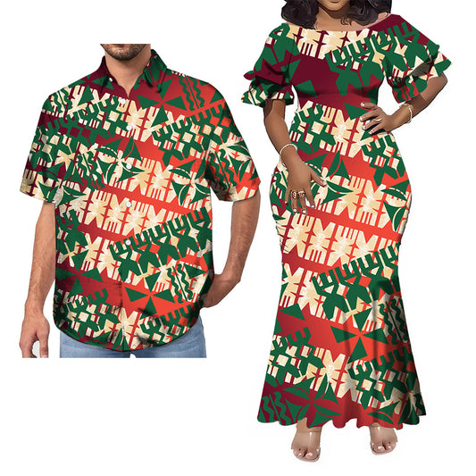 Vintage Polynesian Geometric Pattern Fishtail Skirt Dress And Hawaii Shirt Couple Set