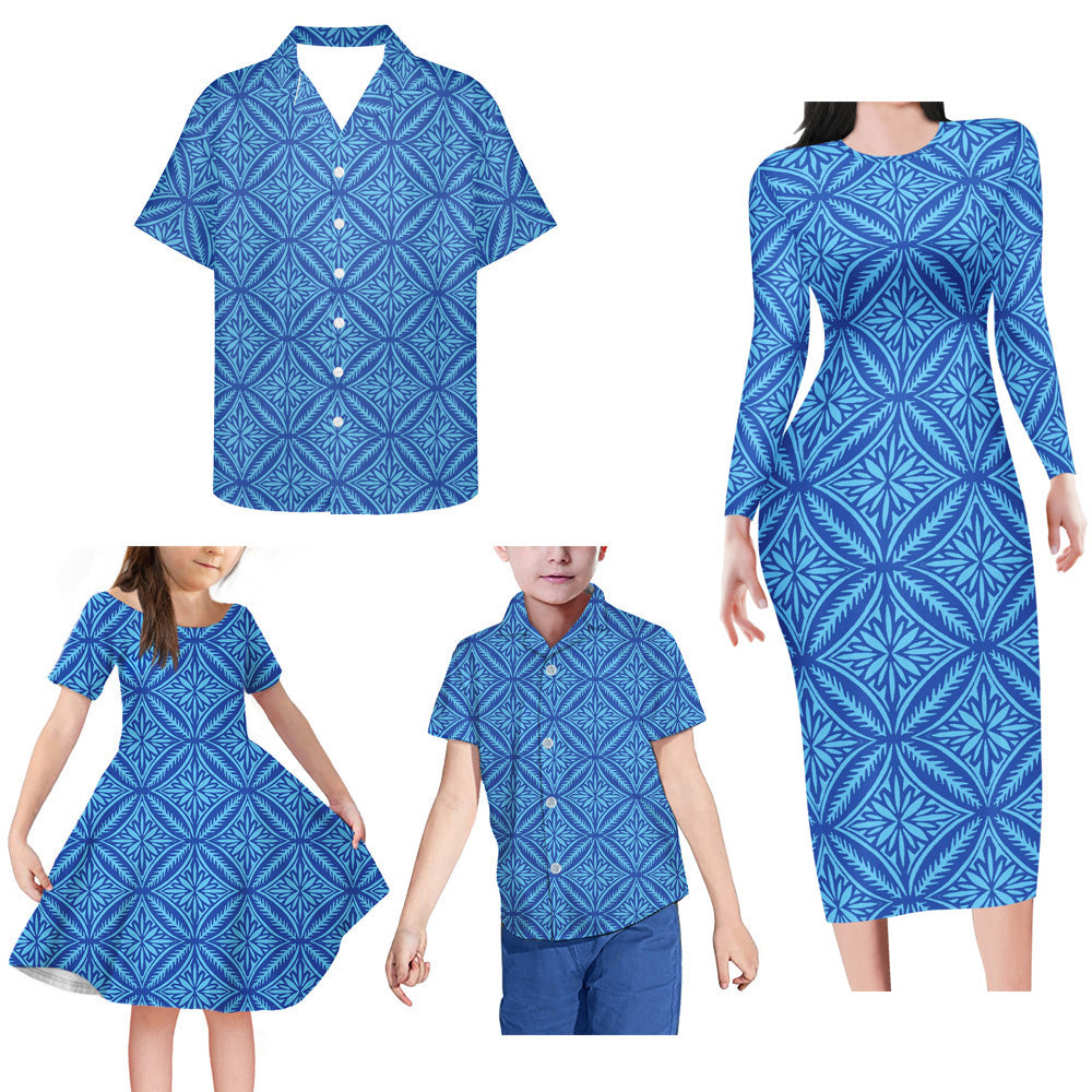 Blue Geometric Polynesian Tribal Pattern Matching Family Outfits Bodycon Long Sleeve Dress For Her And Shirt For Him Girl Dress Kids