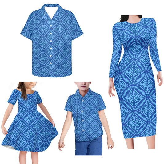 Blue Geometric Polynesian Tribal Pattern Matching Family Outfits Bodycon Long Sleeve Dress For Her And Shirt For Him Girl Dress Kids