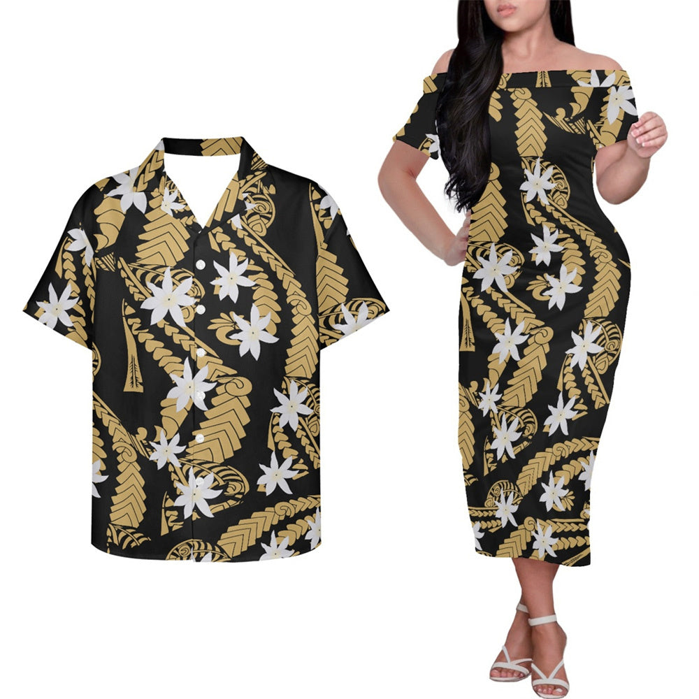 Polynesian Island Tribal Print Couple Outfits Pacific Island Hung Short Sleeved Dress And Hawaiian Shirt Party Outfit Set For Him Her