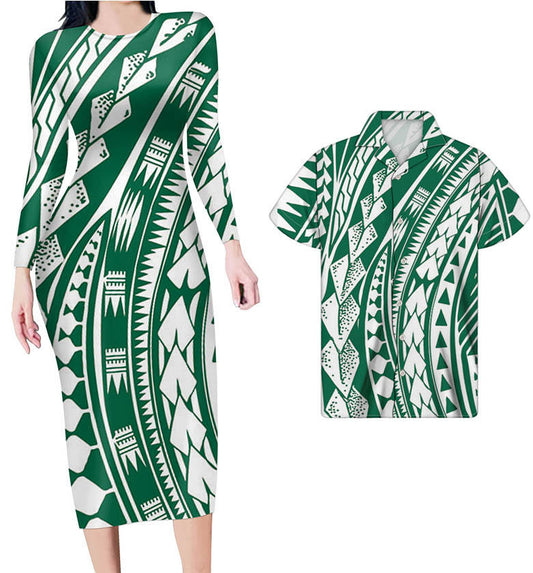 Hawaii Matching Clothes For Couples Polynesian Tribal Green White Bodycon Dress And Summer Hawaii Shirt