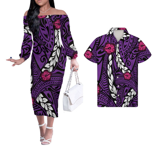 Polynesian Tribal Hibiscus Flowers Tropical Pattern Couple Matching Outfits Men Shirts and Dress Off Shoulder Long Dresses for Women