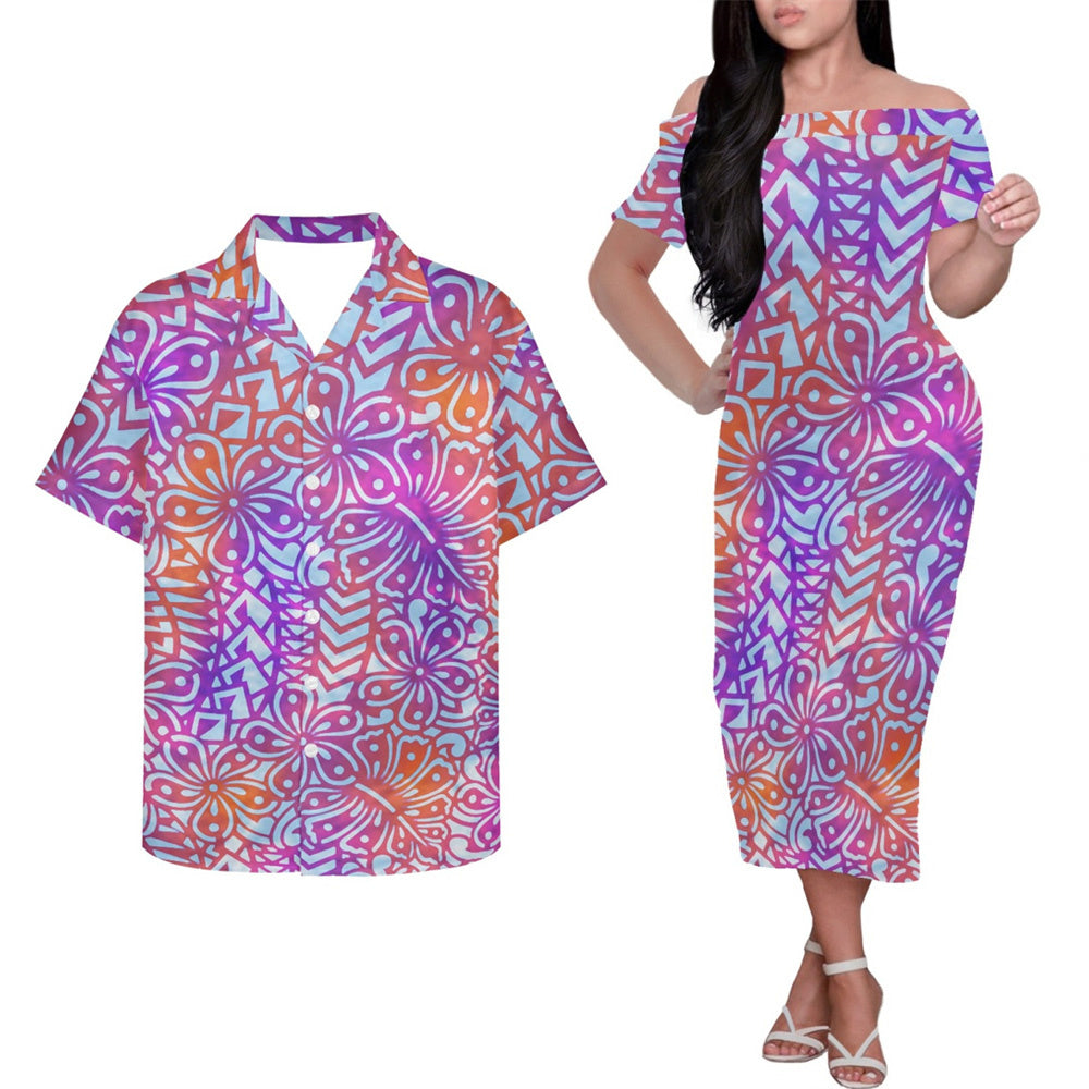 Polynesian Island Tribal Pattern Couple Outfits Tropical Flowers Hung Short Sleeved Dress And Hawaiian Shirt Party Outfit Set