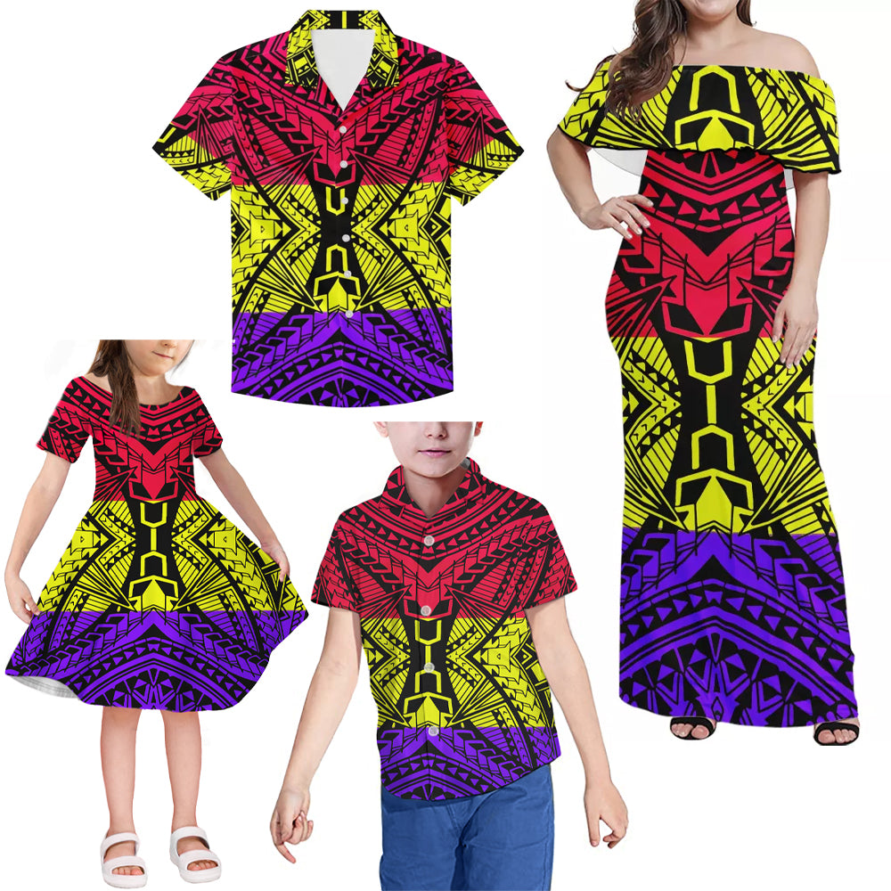 Colorful Polynesian Tribal Pattern Matching Family Outfits Combo Dress and Hawaiian Shirt For Family Members