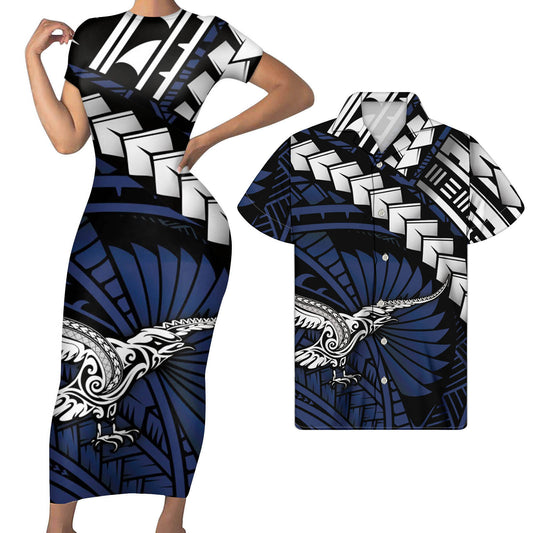 Polynesian Bird Pattern Outfit For Couples Tight Short Sleeve Dress Style Men Long Sleeve Shirt Couple Outfit