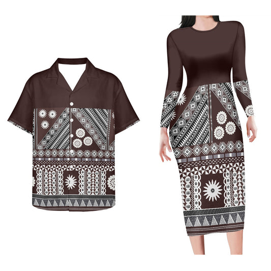 Polynesian Tribal Pattern Brown Matching Outfit For Couple Bodycon Dress And Hawaii Shirt Island Outfit Set For Her Him