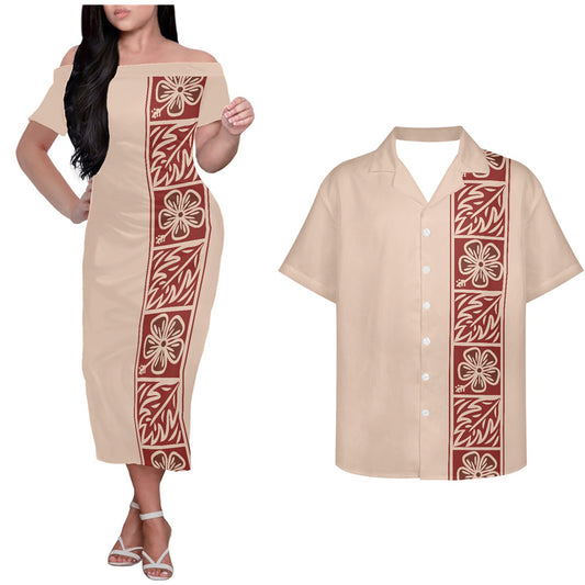 Polynesian Samoan Island Tribal Pattern Couple Outfits Tropical Stripe Style Hung Short Sleeved Dress And Hawaiian Shirt Couple Set