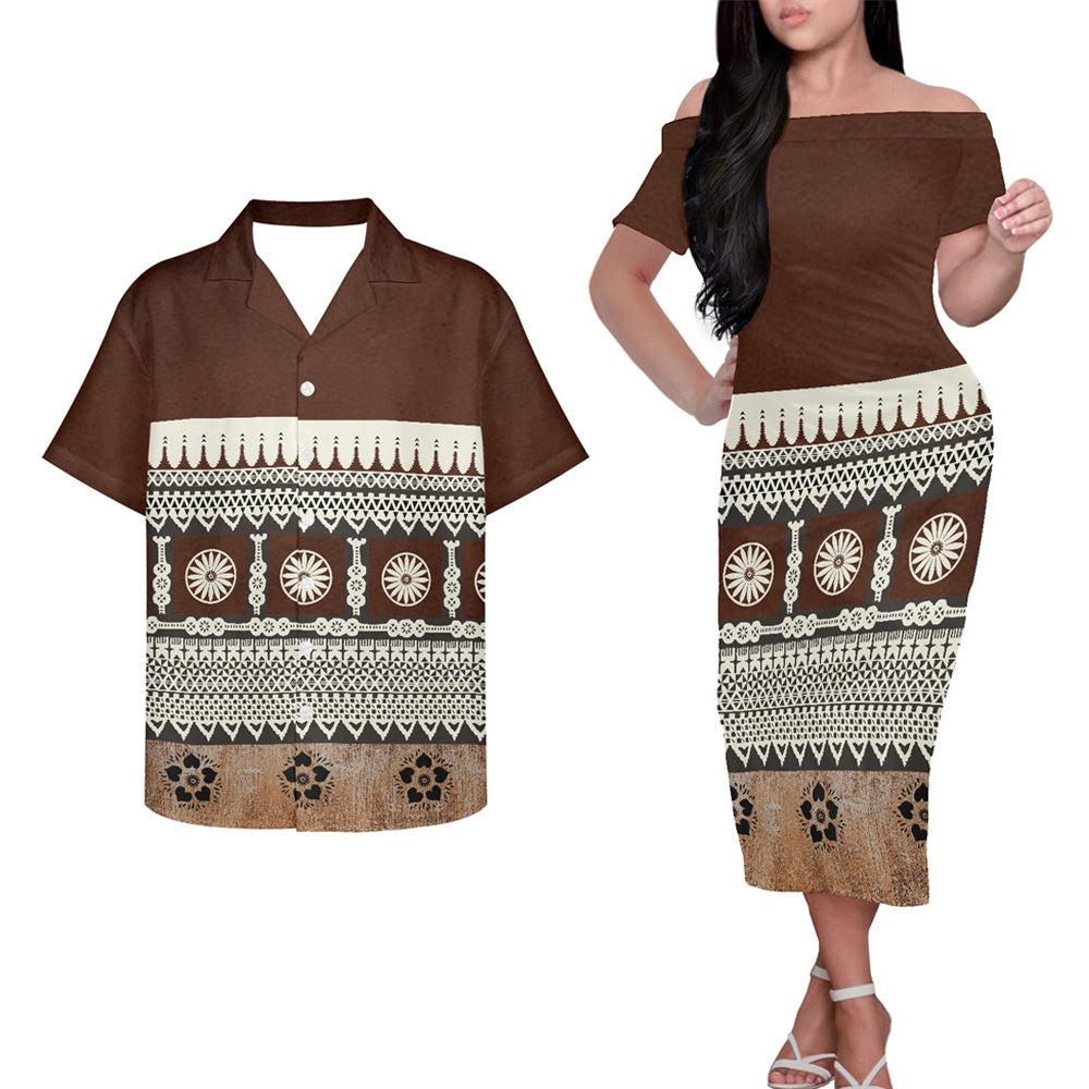 Polynesian Tribal Printed Geometric Pattern Brown Couple Outfits Pacific Island Hung Short Sleeved Dress And Hawaiian Shirt For Her Him