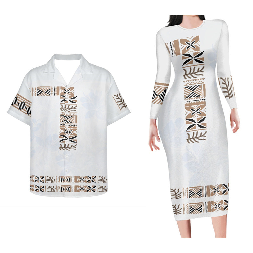 Polynesian Tribal White Matching Outfit For Couple  Bodycon Dress And Hawaii Shirt Island Outfit Set For Her Him