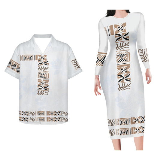 Polynesian Tribal White Matching Outfit For Couple  Bodycon Dress And Hawaii Shirt Island Outfit Set For Her Him