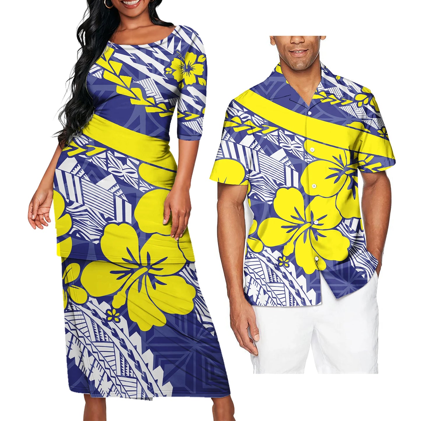 Polynesian Tribal Hibiscus Flowers Clothing Set Samoan Print Polynesian Tribal Matching Couple Outfit For Him Her