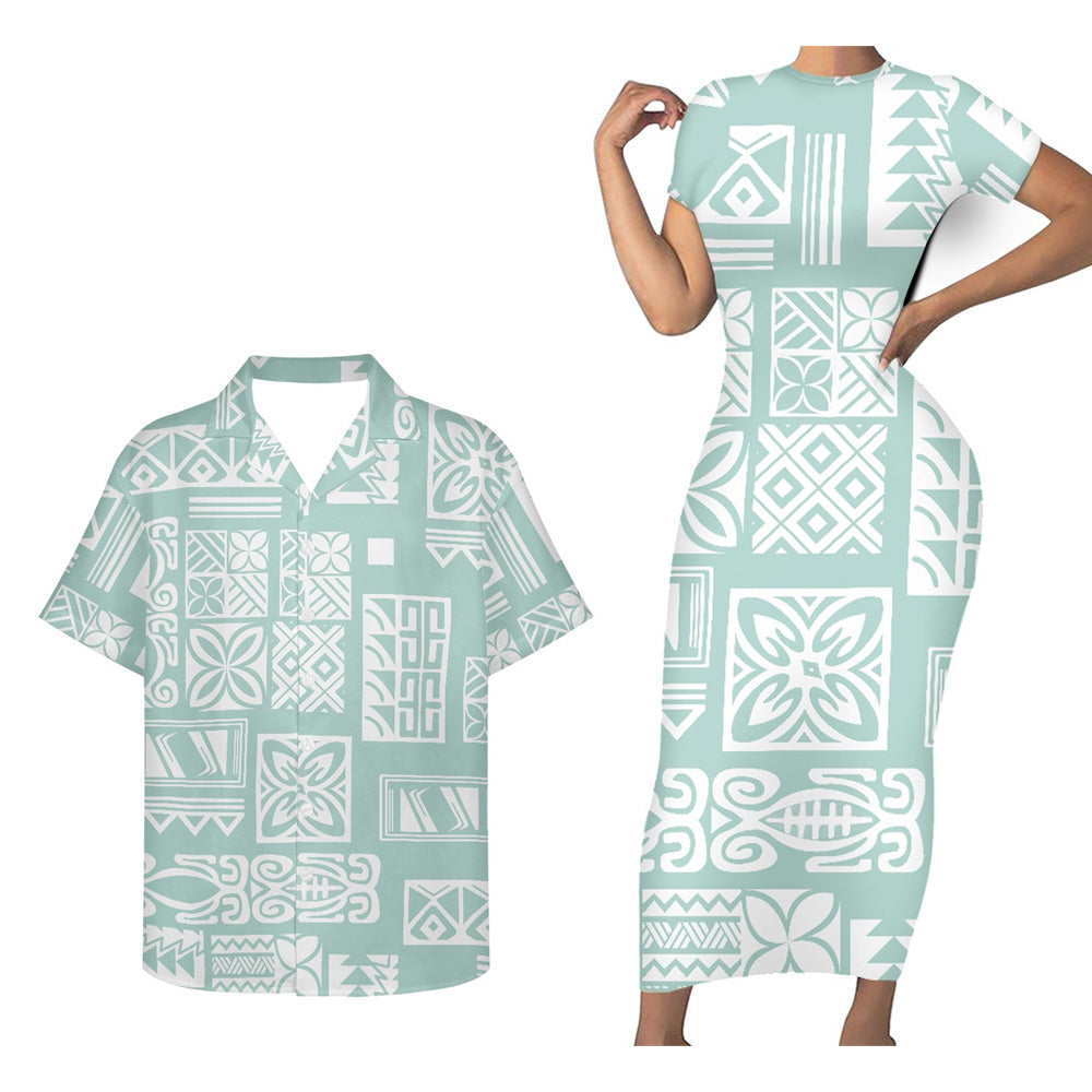 Polynesian Tribal Matching Outfit For Couple Polynesian Tight Short Sleeve Dress Men Short Sleeve Shirt Couple Set