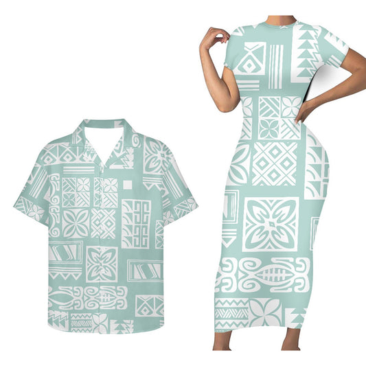 Polynesian Tribal Matching Outfit For Couple Polynesian Tight Short Sleeve Dress Men Short Sleeve Shirt Couple Set