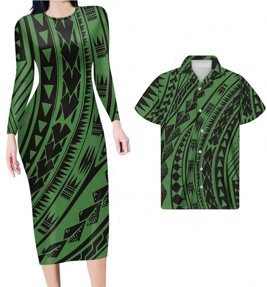 Hawaii Matching Clothes For Couples Polynesian Tribal Green Bodycon Dress And Summer Hawaii Shirt