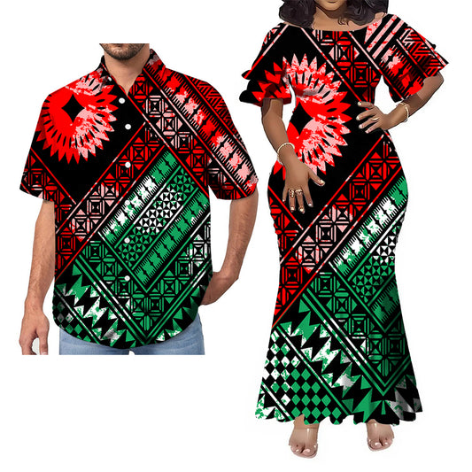 Polynesian Tribal Pattern Vintage Geometric Fishtail Skirt Dress And Hawaii Shirt Couple Set