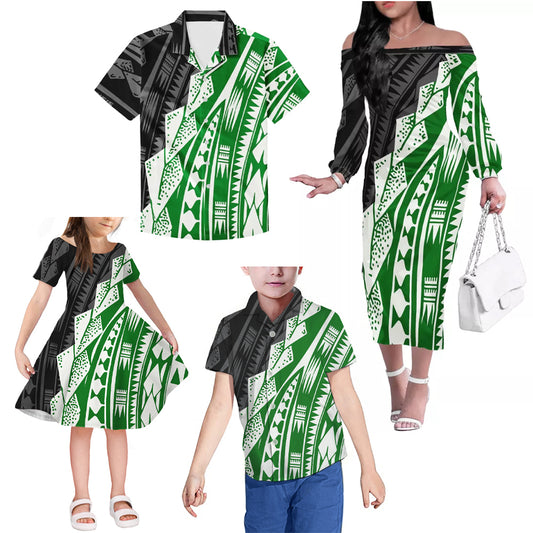 Polynesian Tribal Pattern Green Matching Outfit For Family Island Dress Hawaiian Shirt For Her Him Family Members