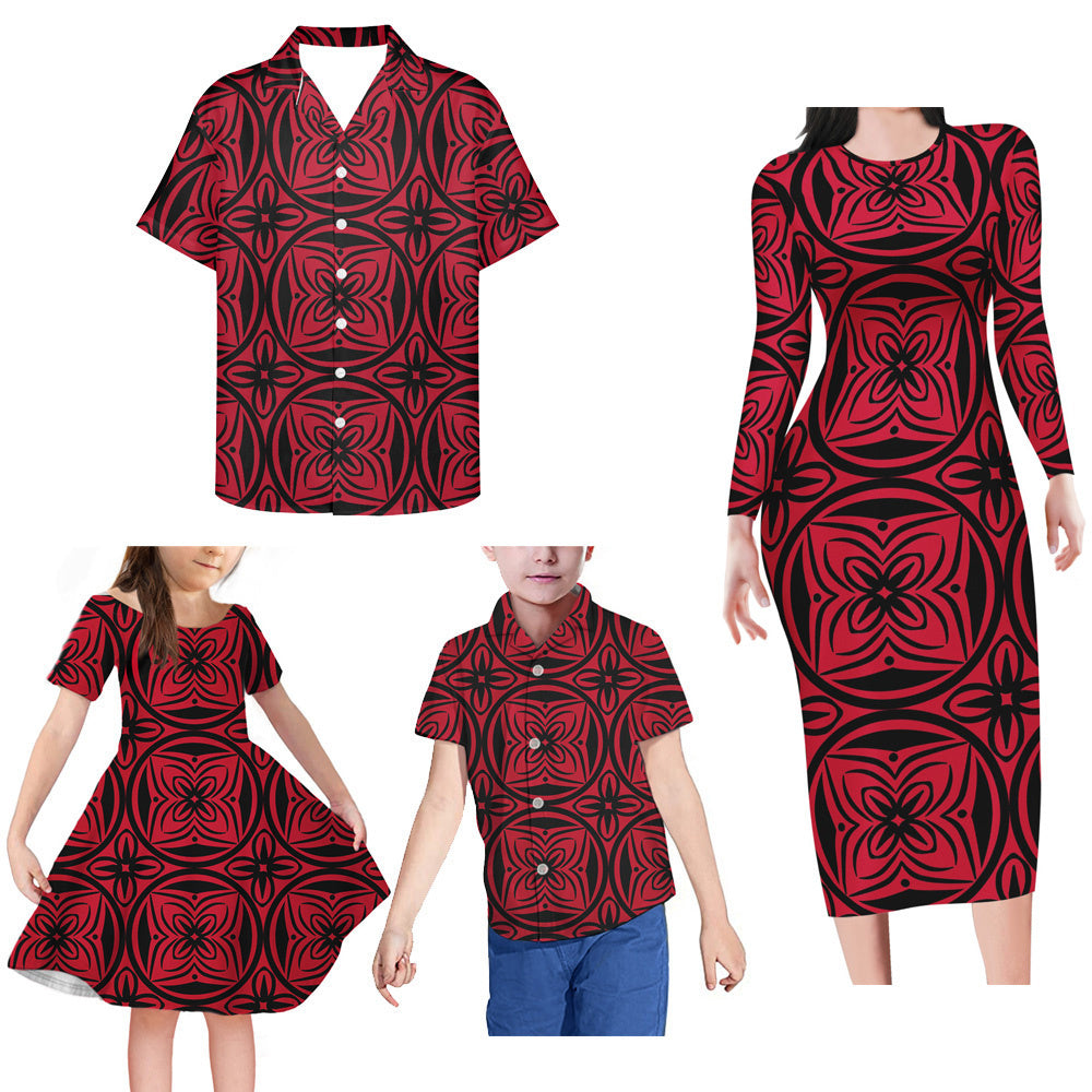 Red Geometric Polynesian Tribal Pattern Matching Family Outfits Bodycon Long Sleeve Dress For Her And Shirt For Him Girl Dress Kids