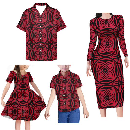 Red Geometric Polynesian Tribal Pattern Matching Family Outfits Bodycon Long Sleeve Dress For Her And Shirt For Him Girl Dress Kids