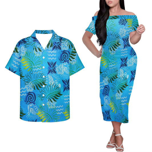 Polynesian Island Tribal Leaf Flowers Pattern Couple Outfits Tropical Blue Hung Short Sleeved Dress And Hawaiian Shirt Party Outfit Set