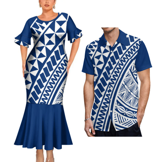Blue Polynesian Tribal Mermaid Bodycon Dresses and Shirt Tropical Matching Outfit
