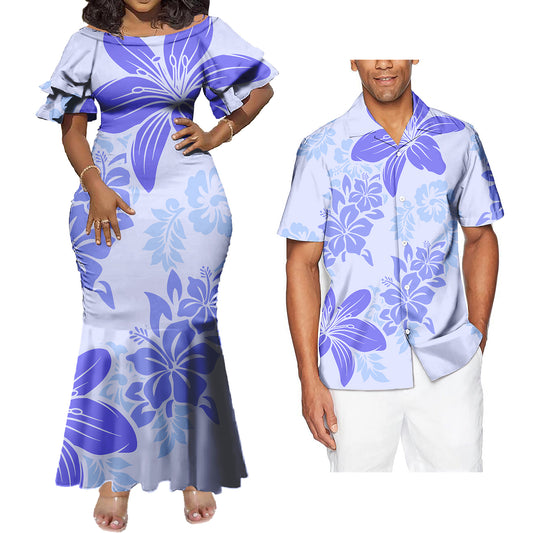 Polynesian Tribal Flowers Pattern Purple Couple Matching Outfit Island Fishtail Skirt Dress And Shirt