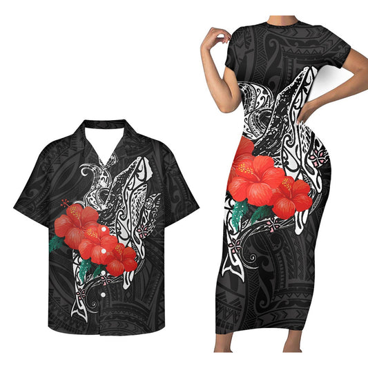 Polynesian Tribal Island Hibiscus Red Pattern Matching Outfit For Couple Polynesian Tight Short Sleeve Dress And Hawaiian Shirt