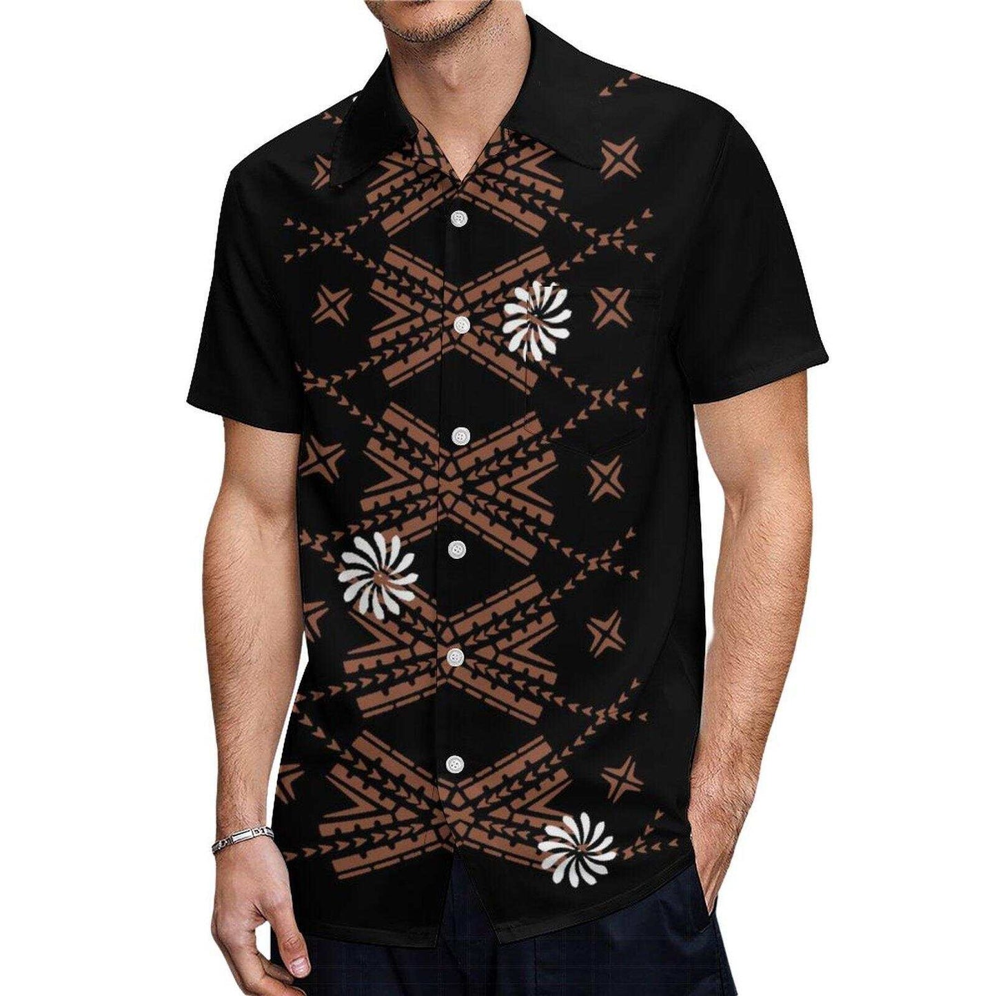 Polynesian Samoa Tribal Flowers Pattern Printed Short Sleeve Shirt Polynesian Black Hawaiian Shirt