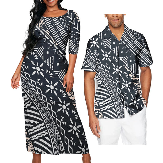 Polynesian Tribal Pattern Printed Black Clothing Set Samoan Polynesian Tribal Matching Couple Outfit For Him Her Curve Style