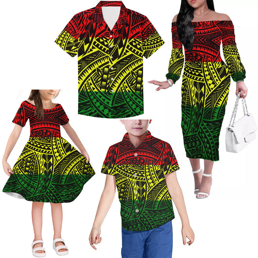 Colorful Polynesian Tribal Pattern Matching Outfit For Family Island Dress Hawaiian Shirt For Her Him Family Members