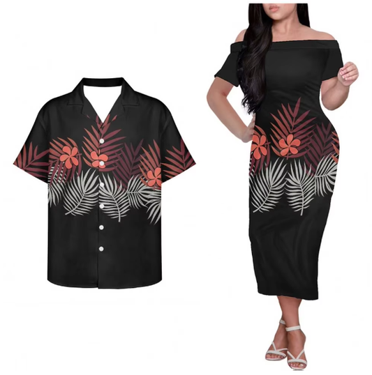 Polynesian Tropical Tribal Pattern Matching Outfit For Couple Printed Polynesian Hung Short Sleeved Dress And Hawaiian Shirt
